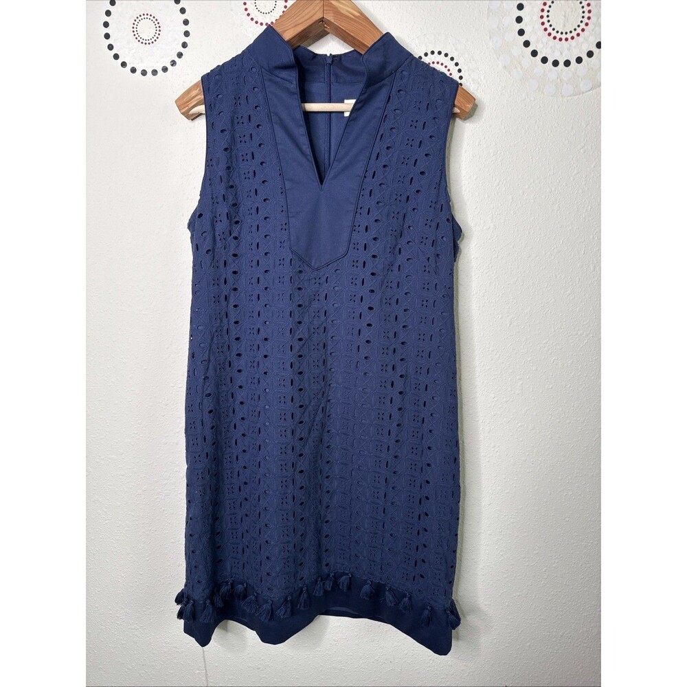 Eliza J Size 12 Navy Blue Eyelet Tassel Shift Split Mandarin Collar Sleeveless - Picture 5 of 14